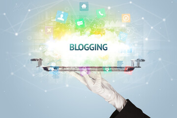 Waiter serving social networking concept with BLOGGING inscription