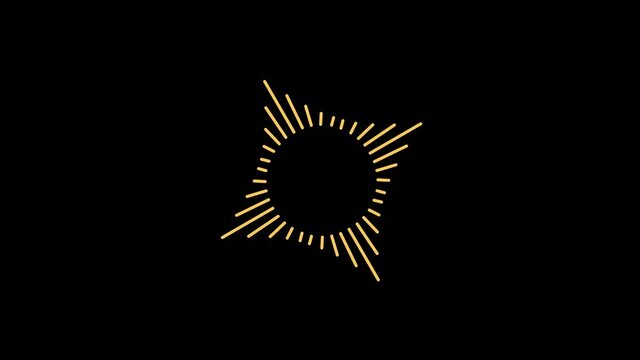 Gold art graphic object that rotates clockwise in the center, varying in size, on a background with a hypnotic, psychedelic and stroboscopic effect, in 16: 9 video format.