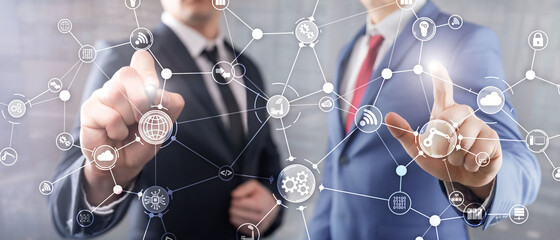 Technology industrial business process workflow organisation structure on virtual screen. IOT smart industry concept mixed media diagram.