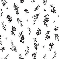 black and white seamless sketched floral pattern