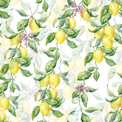 Lemon watercolor seamless pattern. Beautiful hand drawn texture.