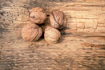Four walnuts in shell lying on a worn board in the color of shells.