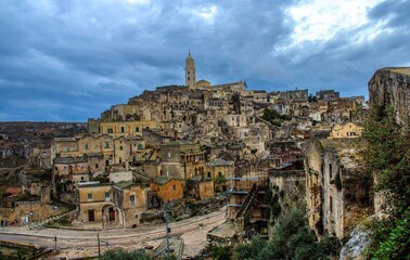 A complex of cave dwellings carved into the mountain. Sassi or rock caves in Matera, Italy.