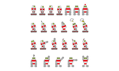 Robot cartoon, simple drawing, in various positions