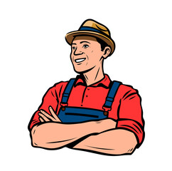 Happy farmer in hat. Agriculture, farming retro vector illustration