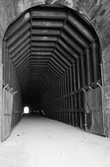 old railroad tunnel in black and white