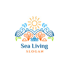 Sea Living Illustration and Logo contain wave, water, sun, and fish