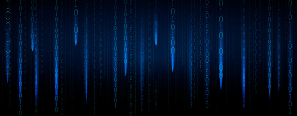 Abstract blue futuristic cyberspace with stream of binary code, matrix background with digits. The concept of coding and hacker. Falling numbers. Vector illustration.