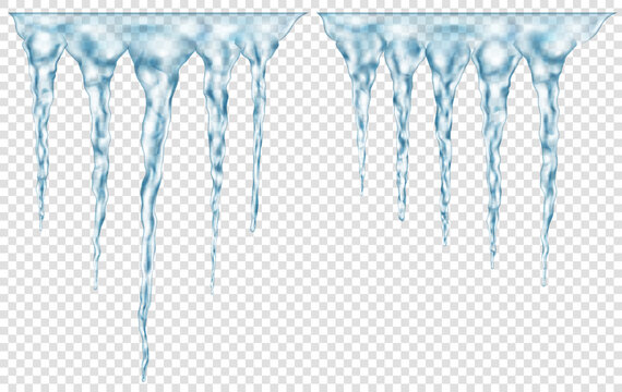 Group of translucent light blue realistic icicles of different lengths connected at the top. For use on light background. Transparency only in vector format