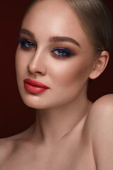 Fototapeta premium Beautiful girl with bright fashionable make-up. Beauty face.