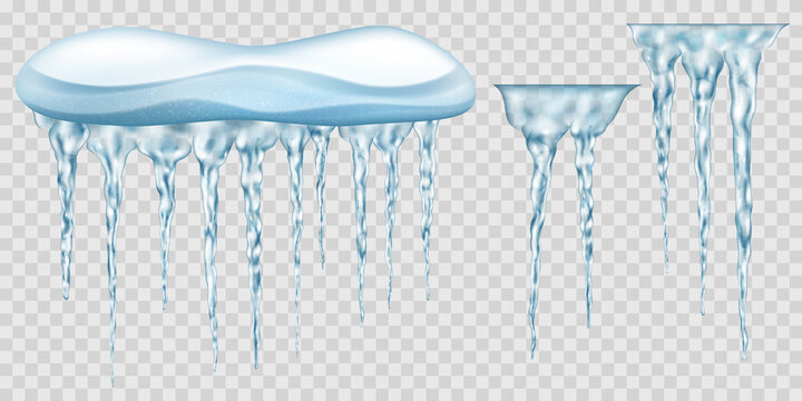 Snowdrift with hanging light blue realistic translucent icicles and a few extra. For use on light background. Transparency only in vector format