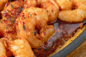 Roasted (fried) big shrimps in tomato sauce with olive oil, garlic, cilantro and soy sauce...