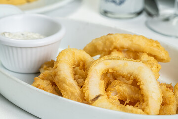 fried squids or octopus (calamari) with sauce