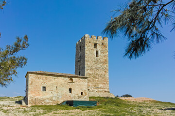 Fototapeta na wymiar Byzantine Tower in town of Nea Fokea, Chalkidiki, Greece
