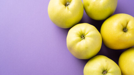 Yellow apples on purple background. Set of green apples. Scattered ripe juicy apples. Healthy snack. Bright colors.