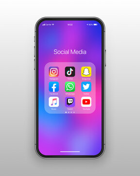 Vector Social Media Network Icons On IPhone Screen With Colorful Wallpaper On White Background. Instagram, TikTok, Snapchat, Facebook, WhatsApp, Twitter, ITunes, Twitch, YouTube Apps Set IOs Folder