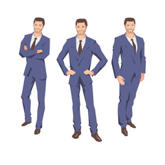 A young business man standing on white background. Vector illustration of three isolated males in blue costumes. Stylish and confident office workers in glasses. Smiling brunets in formal suits.