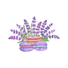 Obraz na płótnie Canvas Watercolor tender violet lavender flowers arrangement with traditional French cookies macaroons hand drawn illustration for greeting cards, invitations, menu, tourism ads and booklets