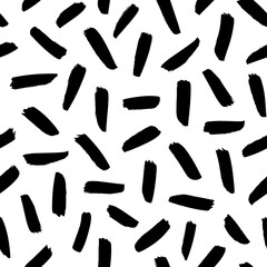 Brush strokes vector seamless pattern. Black paint freehand scribbles, straight lines, dry brushstroke texture.