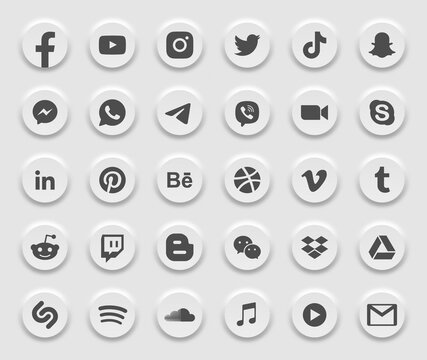 Popular Social Media Black White Modern Round 3D Icons Vector Set. Video, Photo, Music, Audio, Podcast, Online Video Stream, File Hosting, Digital Business, Design, Portfolio, Account, Chat App Logo