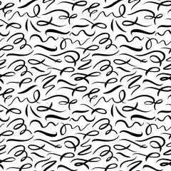 Wavy and swirled brush strokes vector seamless pattern. Black paint freehand scribbles, abstract ink background.