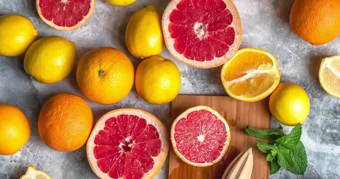 Top view on fresh citrus fruits composition with oranges, lemons, grapefruits and mint, grey background with wooden cutting board and squeezer or hand press