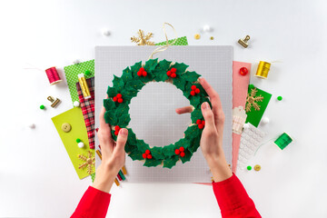 DIY instruction. Making a Christmas wreath from felt. Craft tools and supplies. Step 7 - Final