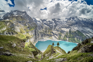 View of Oeschinensee lake with 2 trees in the foreground and a cloudy background