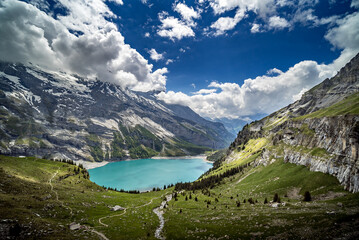 View of Oeschinensee lake with cloudy background