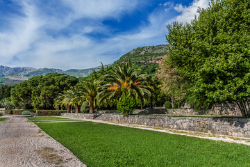 Landscaped garden near Famous Sveti Stefan Island. 6 kilometers southeast of Budva. Montenegro.