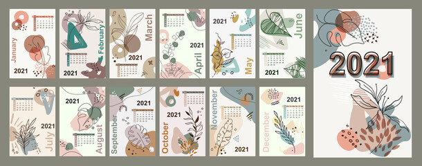 Monthly wall 2021 calendar floral line art vector leaves background,