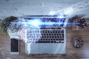 Multi exposure of brain sketch hologram over topview work table background with computer. Concept...