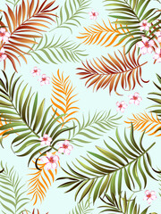 Tropical vector seamless background. Jungle pattern with exitic flowers, and palm leaves. Stock vector. Jungle vector vintage wallpaper