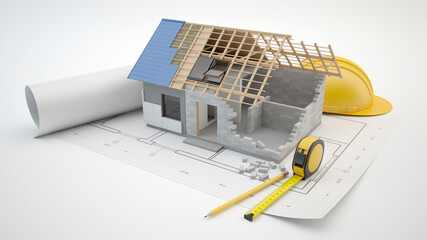 House construction on plan with tools, 3d illustration