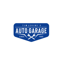 vector illustration of wrench with text and blue pentagon frame isolated on white background good for car service center or auto garage logo