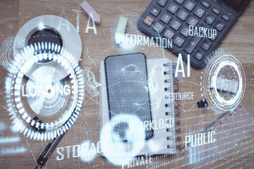 Multi exposure of technology theme drawing over work table desktop. Top view. Global data analysis concept.