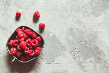 Raspberry on a gray background. Healthy food, vintage style
