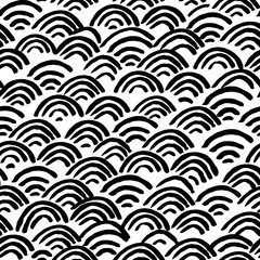 All over seamless vector repeat pattern with black abstract geometric half circle Japanese koi fish scale rainbow wi-fi shapes on a white background