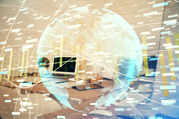 Double exposure of business theme drawing and office interior background. Concept of success