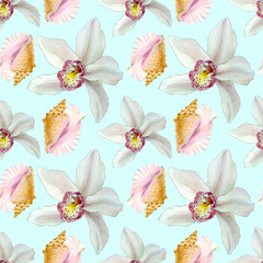 Orchids and seashells watercolor illustrations isolated on color background. Seamless pattern.