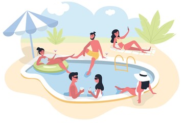 Obraz na płótnie Canvas Pool party group of people dressed in swimwear swimming in pool or lying down on sunloungers and sunbathing. Men and women performing summer outdoor water activities colorful vector illustration