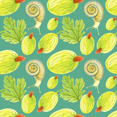 Seamless pattern with watercolor gooseberry and snails. Perfect for greetings, invitations, manufacture wrapping paper, textile and web design.