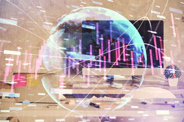 Multi exposure of stock market chart drawing and office interior background. Concept of financial analysis.