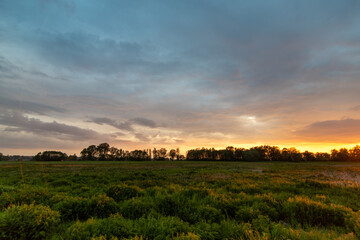 colorful sunset over the Polish meadow, marshes