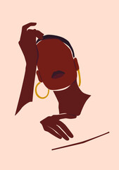 Vector african black skin woman with gold earrings  portrait illustration. Abstract printable template of wall poster.