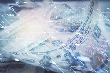 Double exposure of data theme drawing over us dollars bill background. Technology concept.