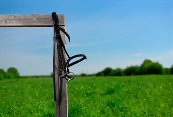 Fototapeta na wymiar The black leather snaffle bridle is hanging on the wooden hitching post on against the landscape.