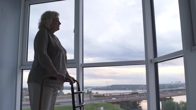 Old Woman Standing By Window With Walking Frame, Rehabilitation After Surgery