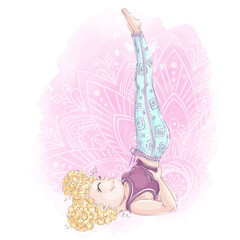 Girl in a yoga pose. Exercise and body care. Watercolor textural background and sketch style.