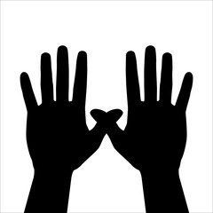 Two hand palm silhouette, secret symbol, open fingers crossed thumbs. Isolated illustration. Two overlapped human hands in hiding gesture. Black and white silhouette.